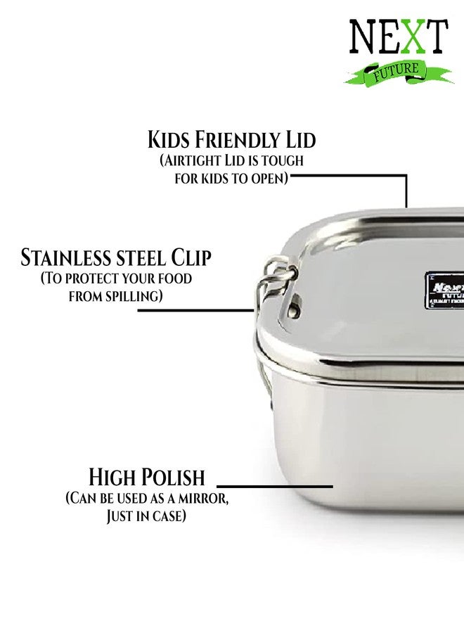 Next Future Stainless Steel Square Lunch Box/Food Pack, High Polish One Tier Tiffin Box for School and Office use with Steel Seperator Plate & Locking Clip - Small Size 11.5x11.5x5.5cm, 400ml - Image 4